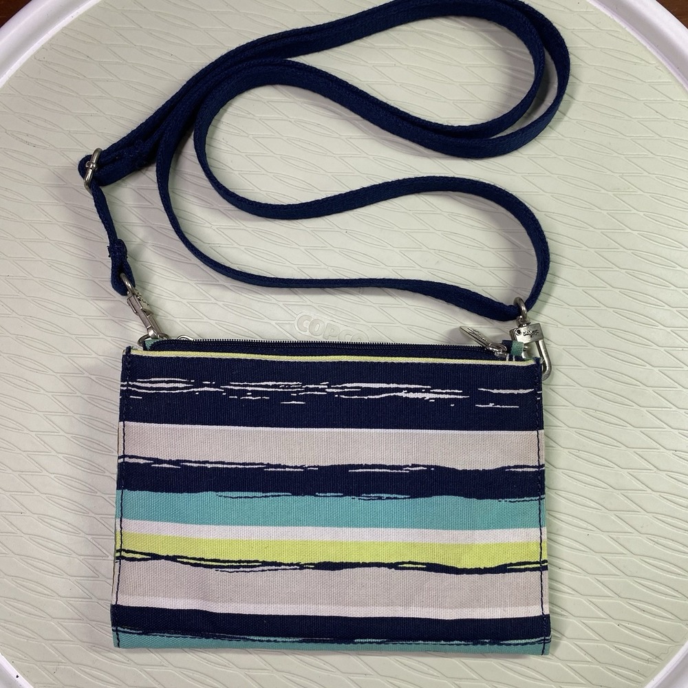 Thirty One Striped Navy Blue, Cream & Green Purse Crossbody adj/detach Strap 32"